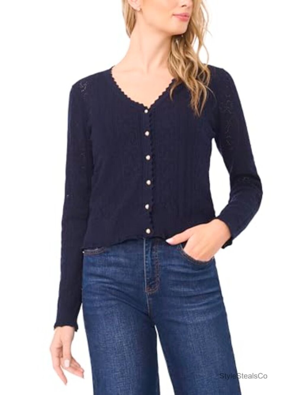 Women's V-Neck Pointelle Knit Long Sleeve Cardigan Sweater